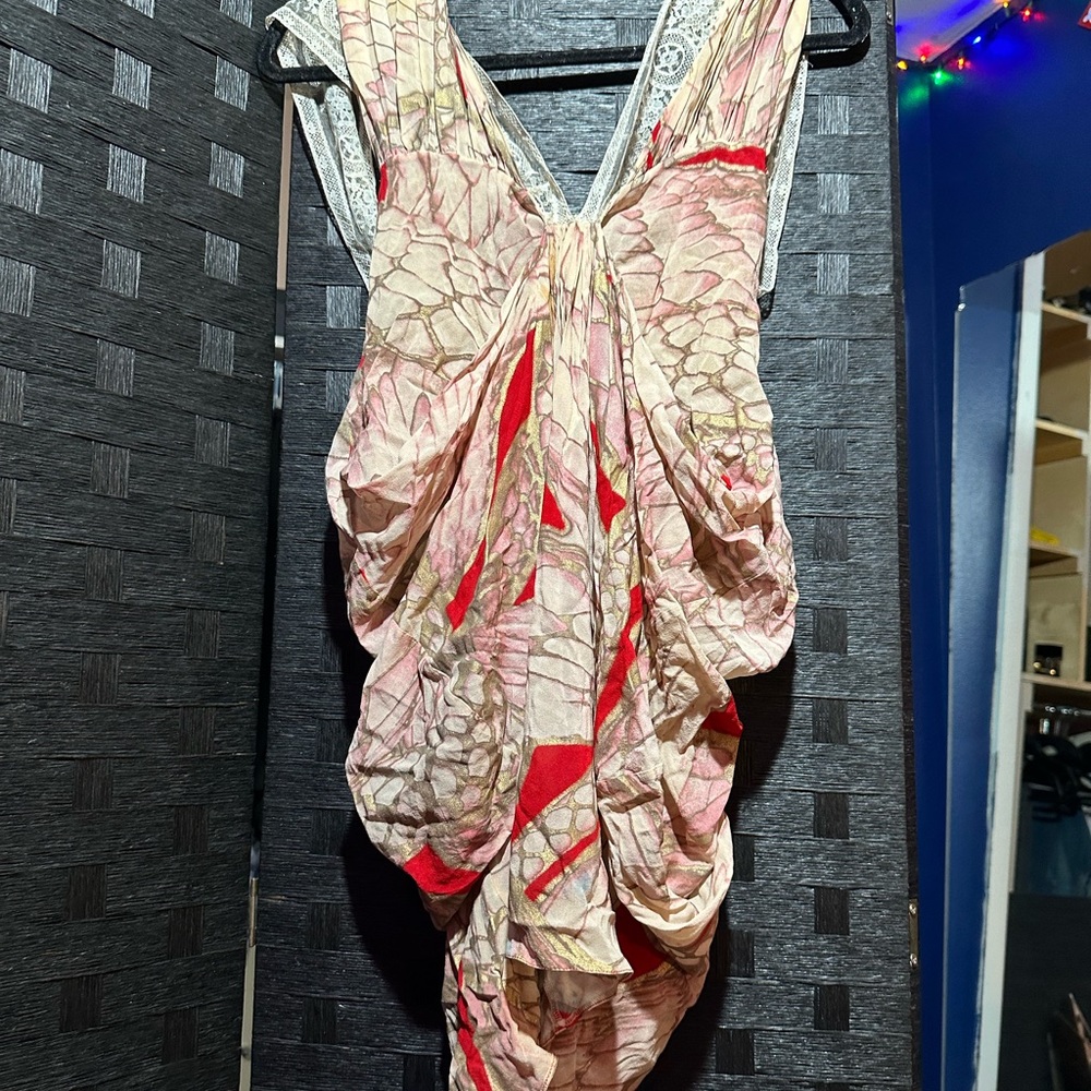 Roberto Cavalli Red and White Pleated Tiered Gown